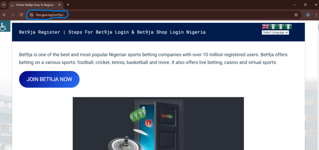 Screenshot of Bet9ja content on FRSC website