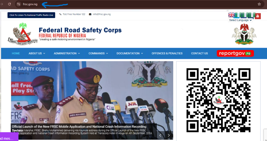 Screenshoot of FRSC website homepage