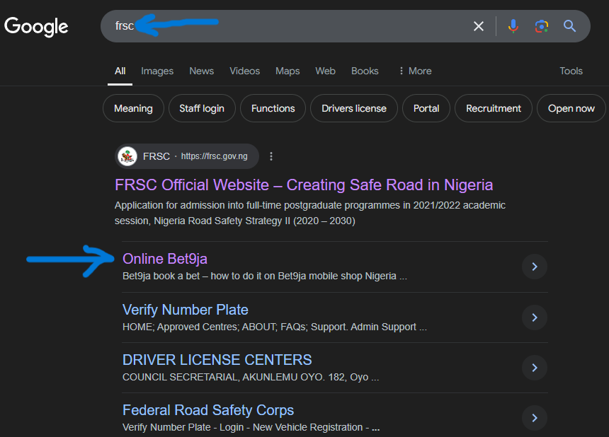Screenshoot of Online Bet9ja indexed on Google search for FRSC